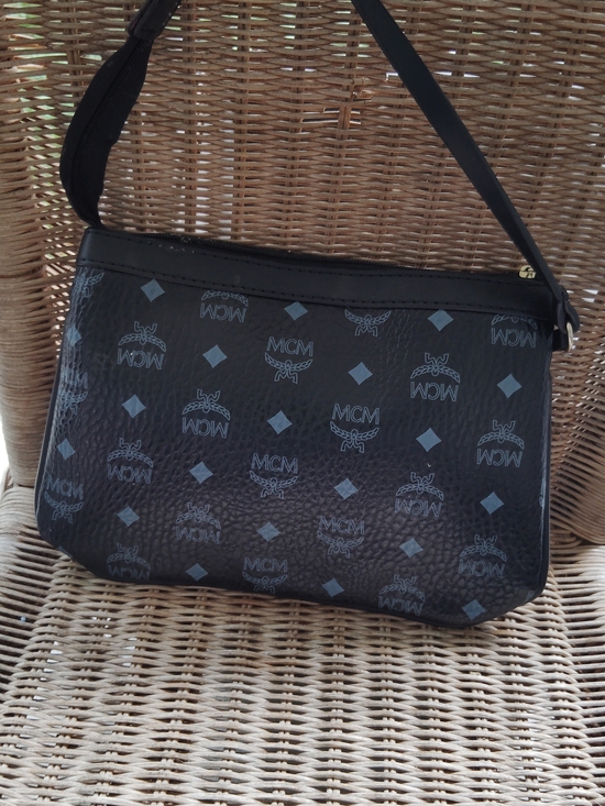 MCM Handbags - MCM Black Logo-Print Shoulder Bag with Gray Accents